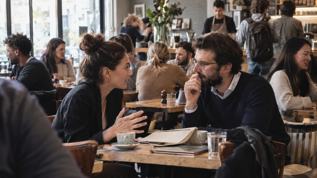Two professionals having a business conversation in a busy coffee shop